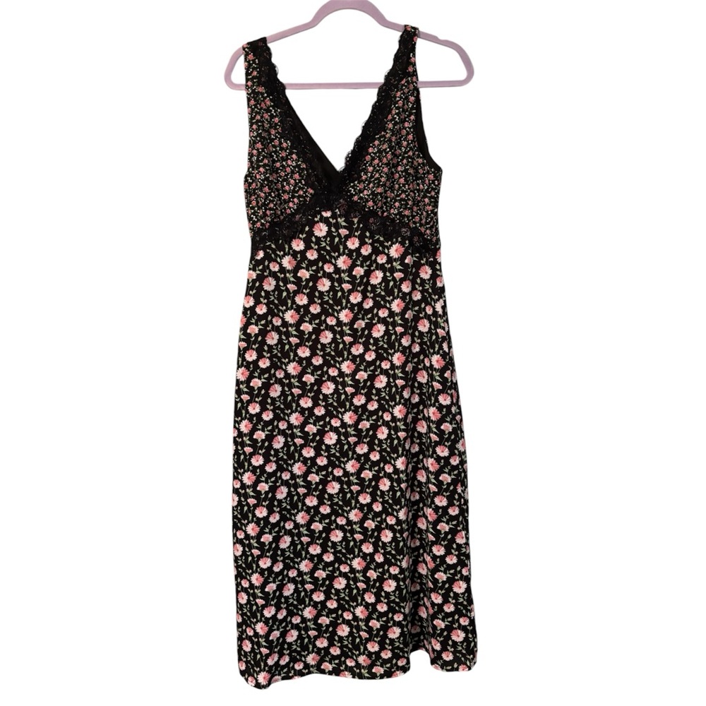 Black Floral Lace Trim Maxi Dress - Pink Rose Print